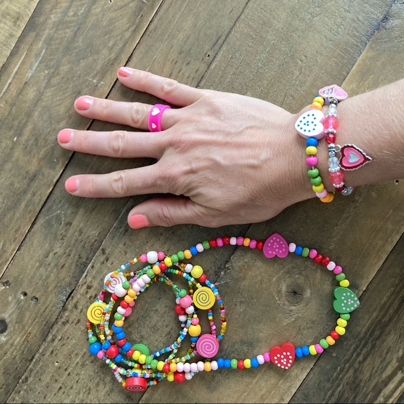 Girls Jewelry set of 5 Multicolor Bohemian Pink Heart - Picture 6 of 12